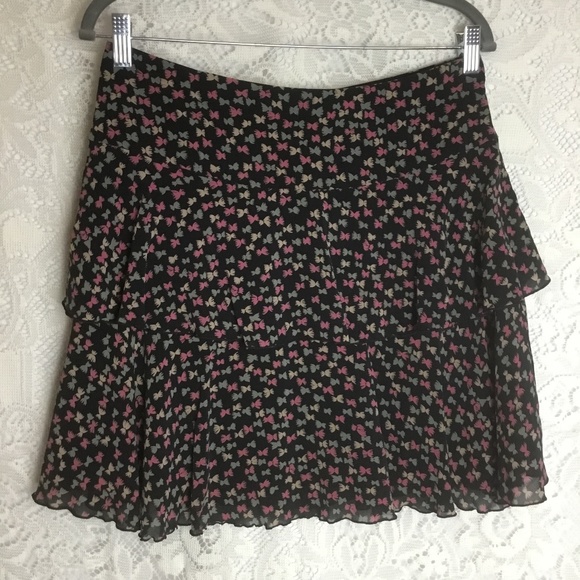 Trina Turk 93% Silk Mini Skirt Tiered Ruffle Black Colorful Abstract Bow Print 6 - Picture 1 of 5